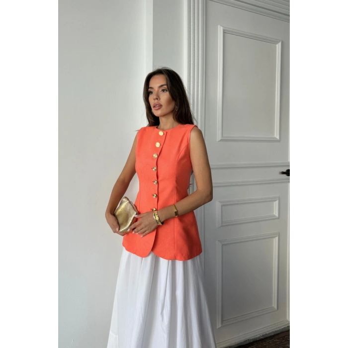 JAKAR KETEN YELEK BELDEN OTURTMALI GOLD DÜĞMELİ - Orange