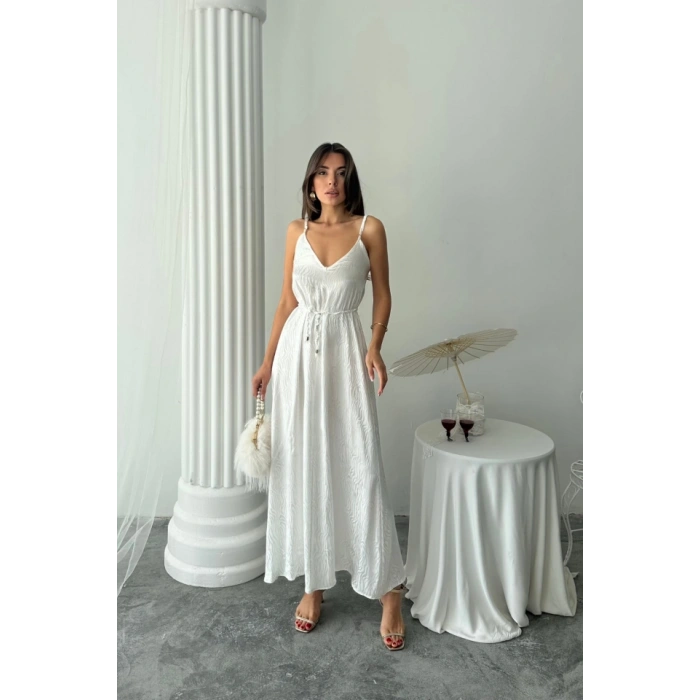 JAKAR SATEN DEGAJE ASKILI ELBİSE İP KEMERLİ - Beyaz
