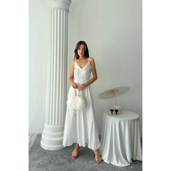 JAKAR SATEN DEGAJE ASKILI ELBİSE İP KEMERLİ - Beyaz