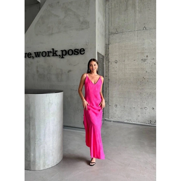 JAKARLI ASKILI SATEN ELBİSE ASİMETRİK - Pembe