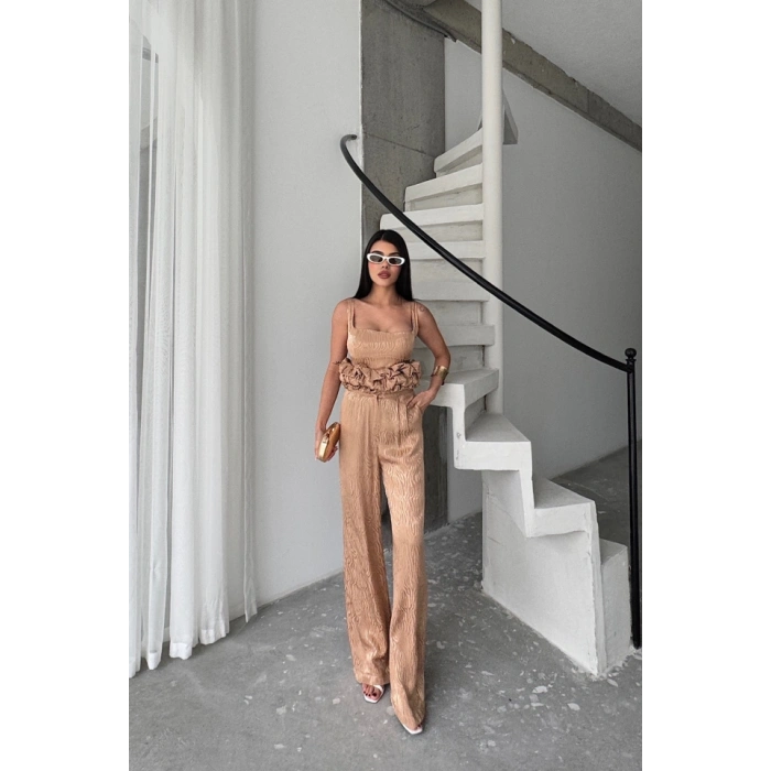 JAKARLI BLUZU TASARIM DETAYLI CEKET-PANTOLON-BLUZ 3 LÜ TAKIM - Bej