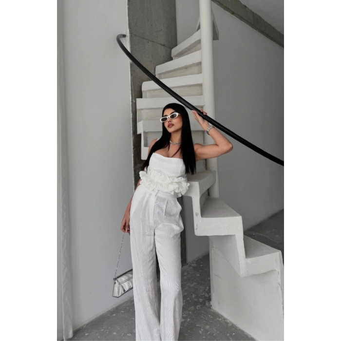 JAKARLI BLUZU TASARIM DETAYLI CEKET-PANTOLON-BLUZ 3 LÜ TAKIM - Beyaz