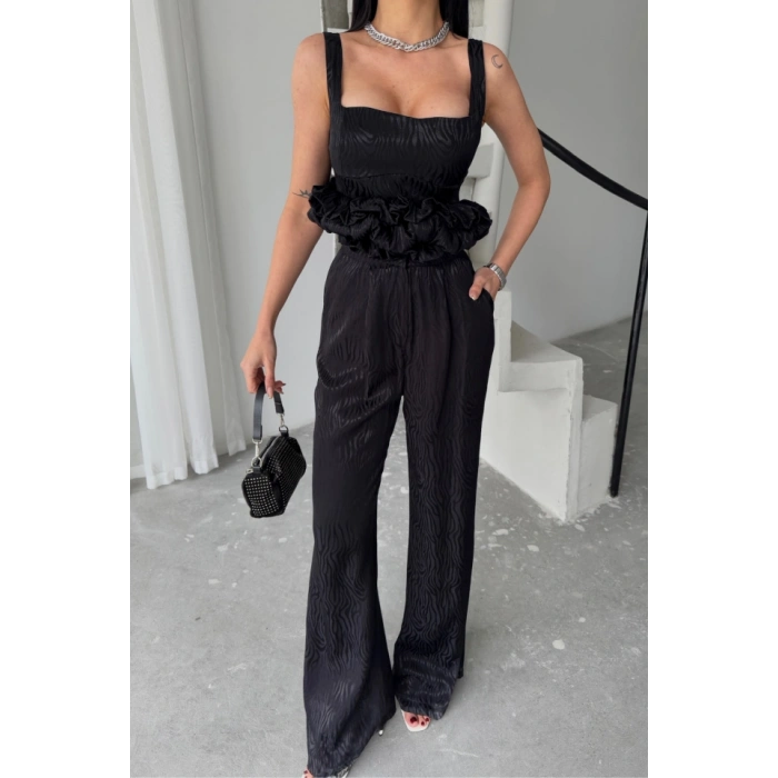 JAKARLI BLUZU TASARIM DETAYLI CEKET-PANTOLON-BLUZ 3 LÜ TAKIM - Siyah