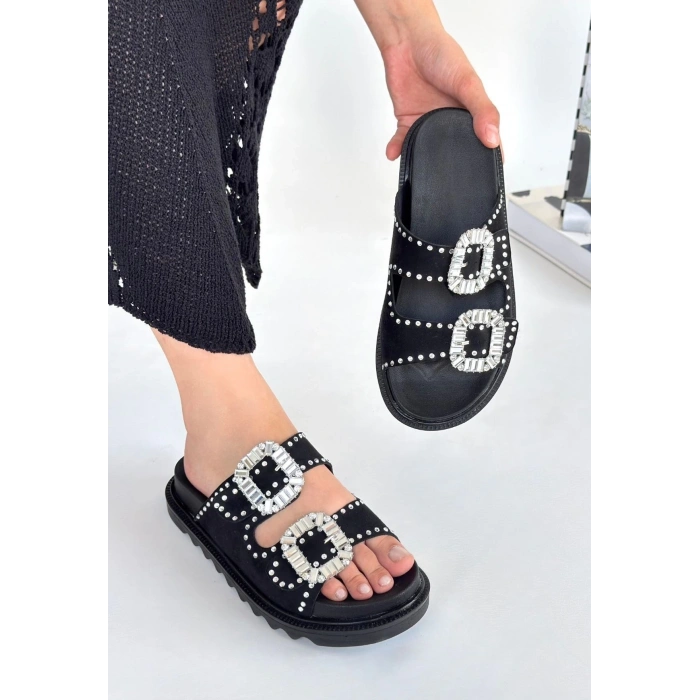 Juana Siyah Nubuk  Taşlı Terlik