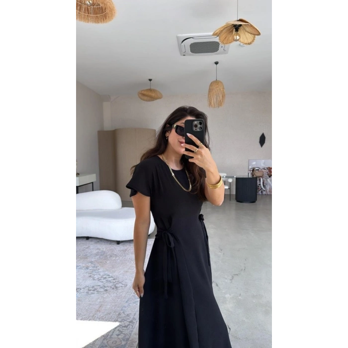 Kadın Aerobin Kumaş Arkası Düğmeli Yanı Kuşaklı Elbise