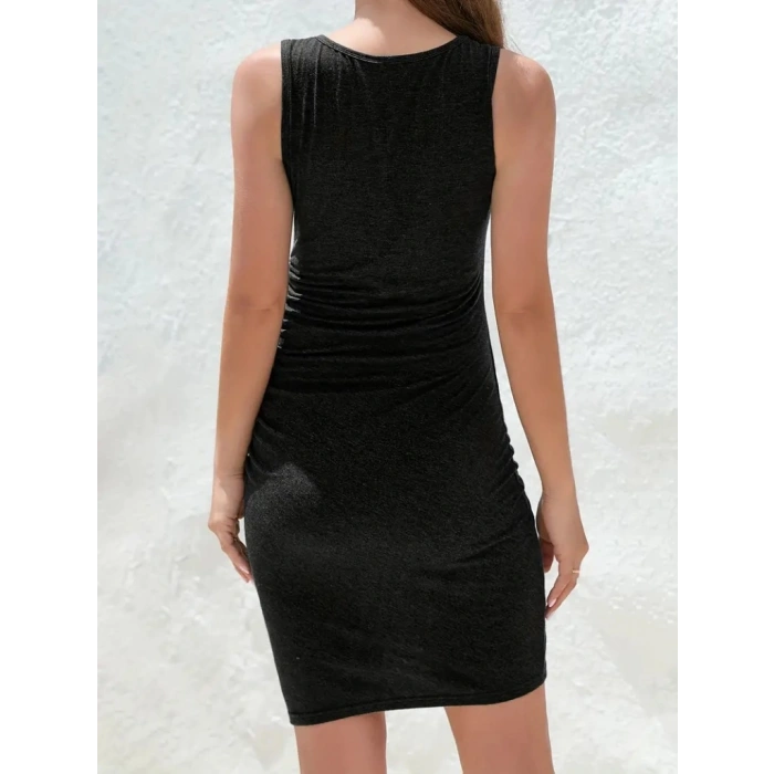 Kadın Askılı Bisiklet Yaka Yandan Büzgülü önden çapraz Detay Viskon Kısa Elbise