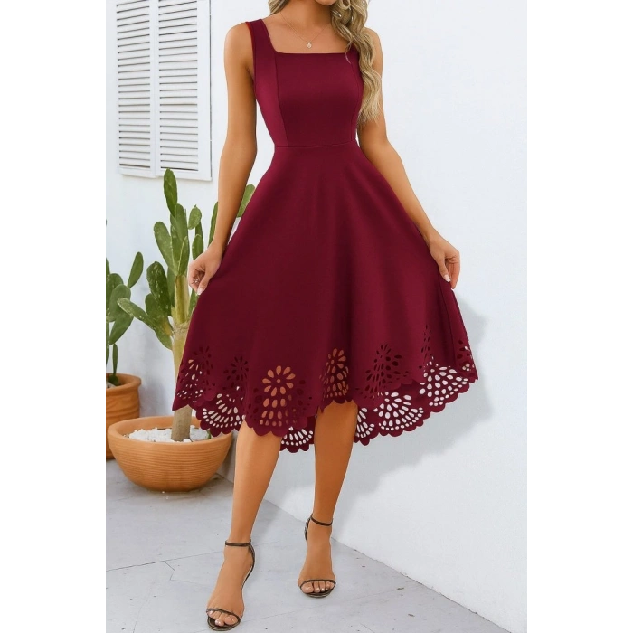 Kadın Askılı Geometrik Yaka çiçek Lazer Kesim Ithal Krep Elbise