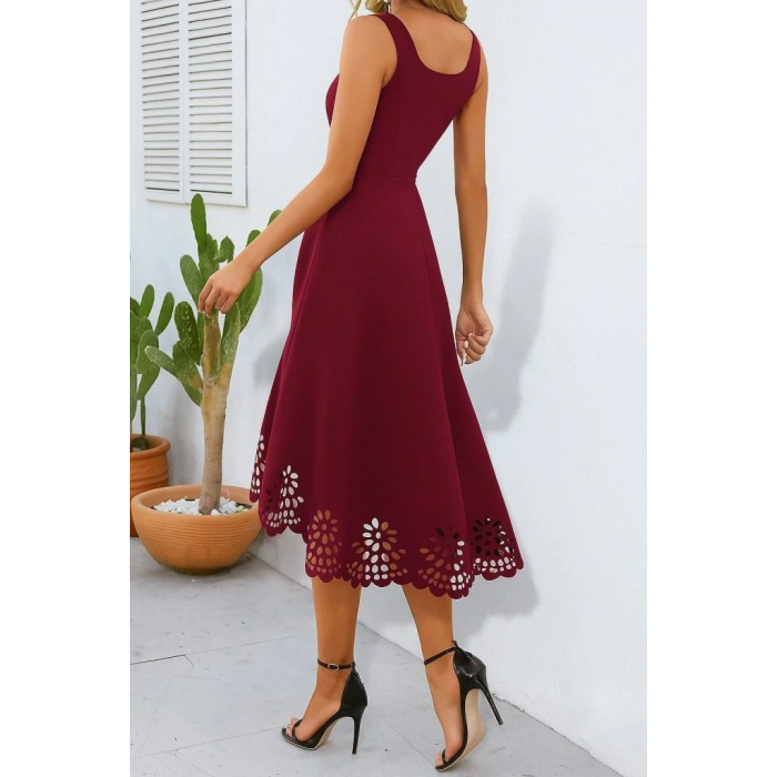 Kadın Askılı Geometrik Yaka çiçek Lazer Kesim Ithal Krep Elbise