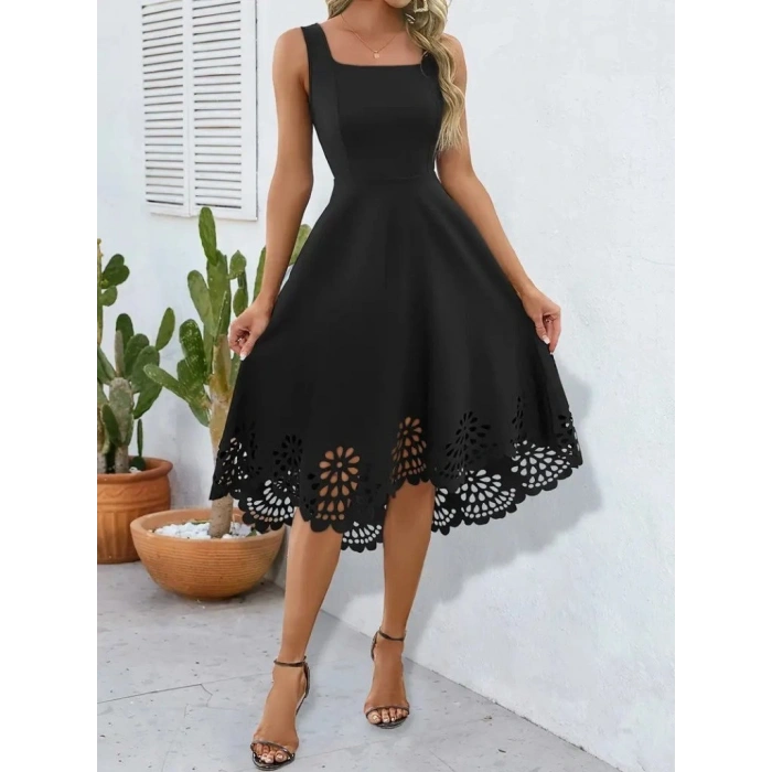 Kadın Askılı Geometrik Yaka çiçek Lazer Kesim Ithal Krep Elbise