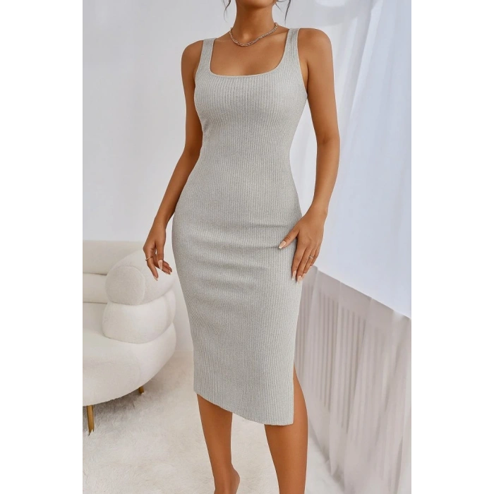 Kadın Askılı Kare Yaka Yandan Yırtmaçlı Midi Kaşkorse Elbise