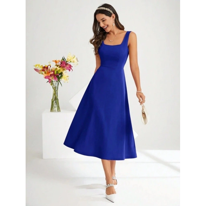 Kadın Askılı Kare Yakalı Midi Ithal Krep Elbise