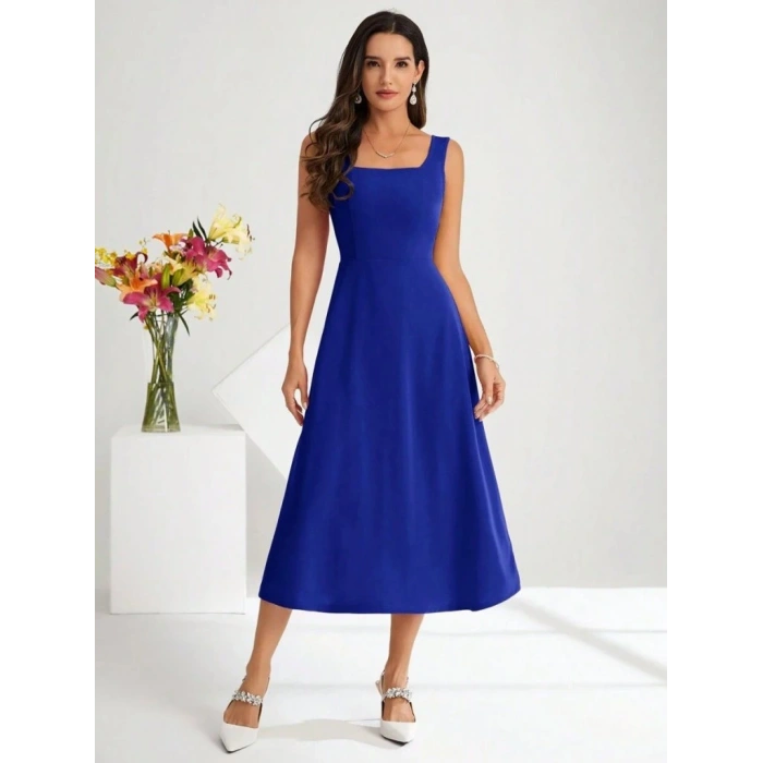 Kadın Askılı Kare Yakalı Midi Ithal Krep Elbise