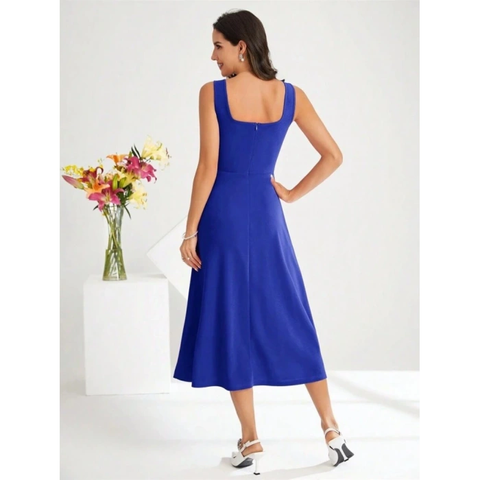 Kadın Askılı Kare Yakalı Midi Ithal Krep Elbise