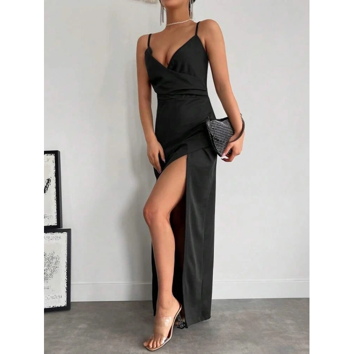 Kadın Askılı Kruvaze Yaka Derin Yırtmaçlı Krep Elbise