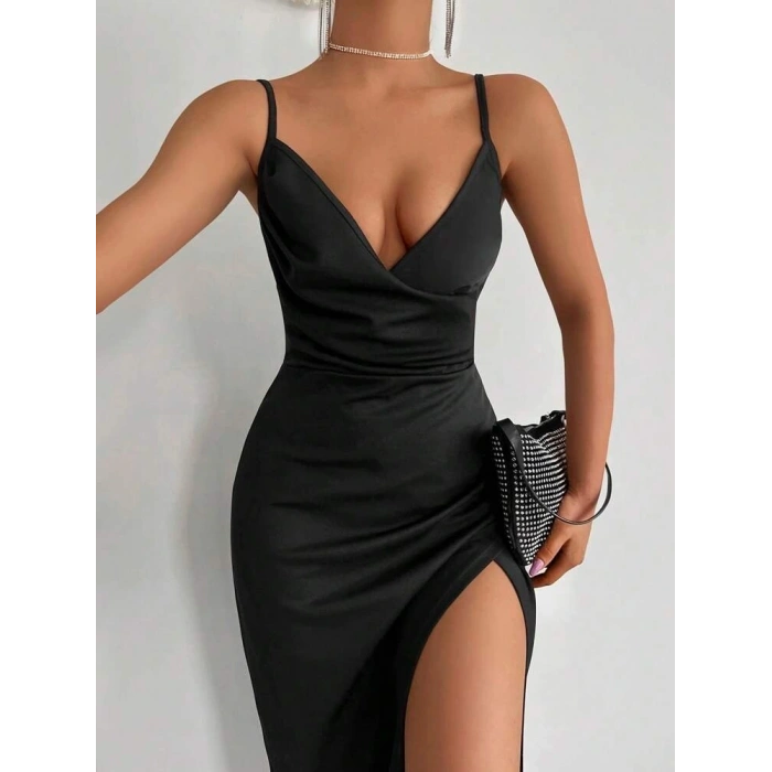 Kadın Askılı Kruvaze Yaka Derin Yırtmaçlı Krep Elbise