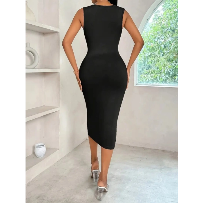 Kadın Askılı Kruvaze Yakalı Dalgıç Midi Elbise