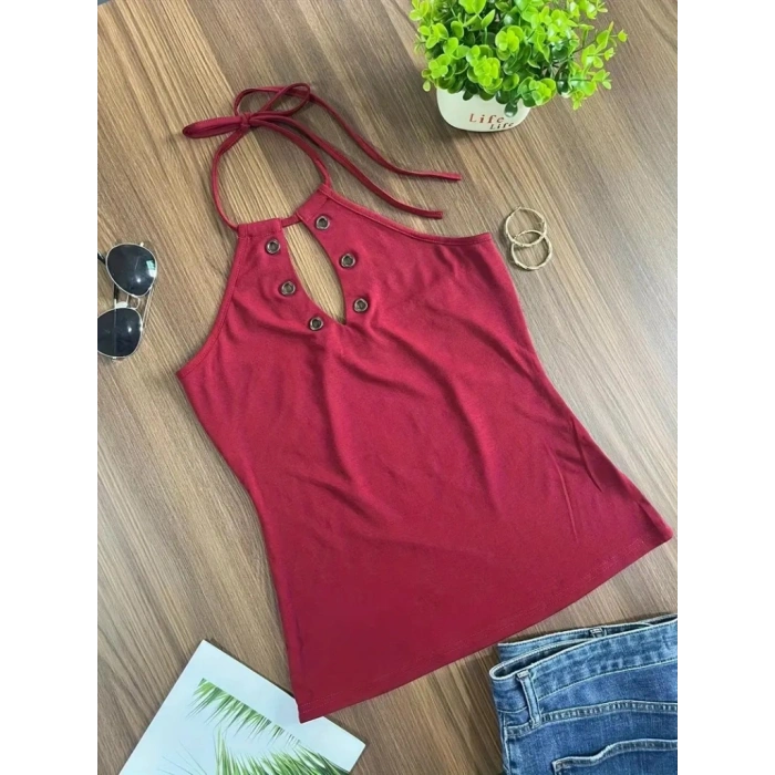 Kadın Askılı Kuş Gözü Ve Dekolte Detay Boyundan Bağlamalı Viskon Bluz