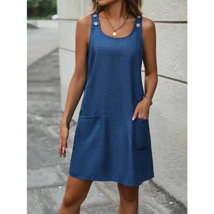 Kadın Askılı Omuzlardan Düğmeli Yuvarlak Yaka Cepli Keten Elbise