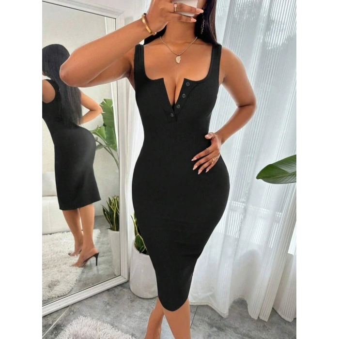 Kadın Askılı önü Düğmeli Midi Kaşkorse Elbise