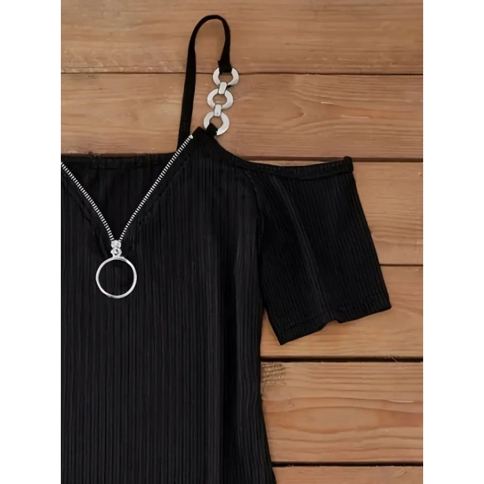 Kadın Askılı önü Fermuarlı Asimetrik Kesim Detaylı Kalın Fitilli Kaşkorse Elbise