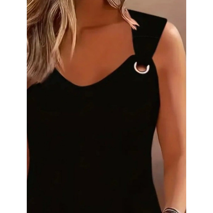 Kadın Askılı V Yaka Kuş Gözü Detaylı Viskon Bluz