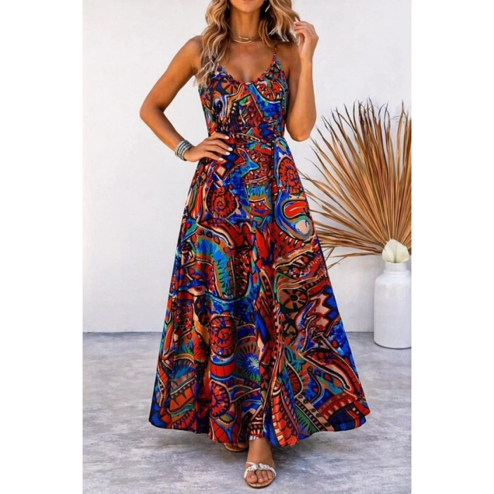 Kadın Askılı V Yakalı Desenli Uzun Süprem Elbise