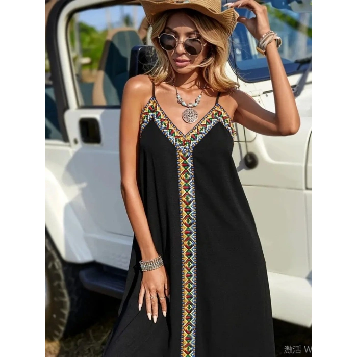 Kadın Askılı V Yakalı Etnik şerit Detaylı Uzun Viskon Elbise