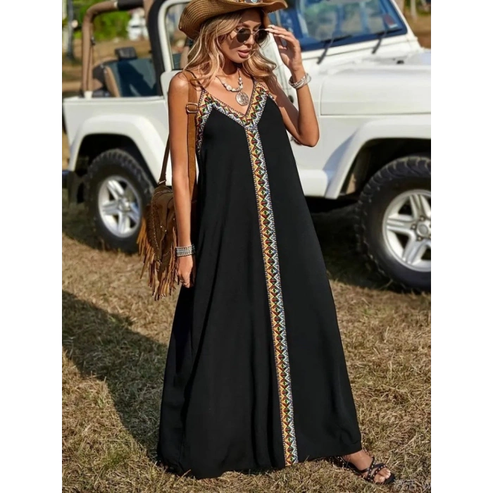Kadın Askılı V Yakalı Etnik şerit Detaylı Uzun Viskon Elbise