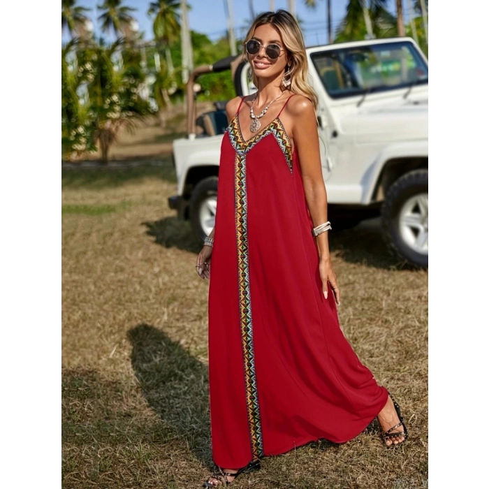 Kadın Askılı V Yakalı Etnik şerit Detaylı Uzun Viskon Elbise