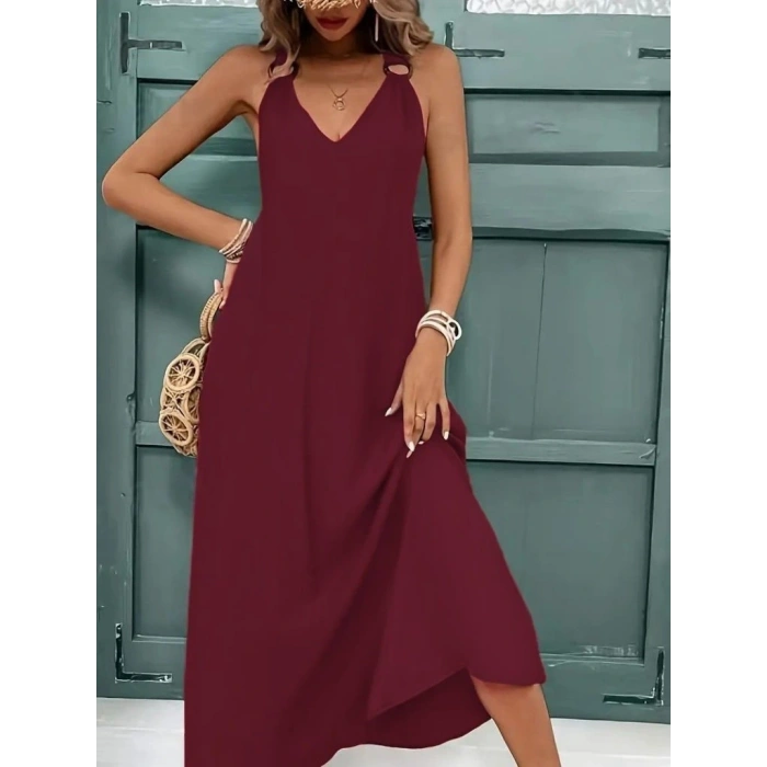 Kadın Askılı V Yakalı Halka Detaylı Maksi Boy Viskon Elbise