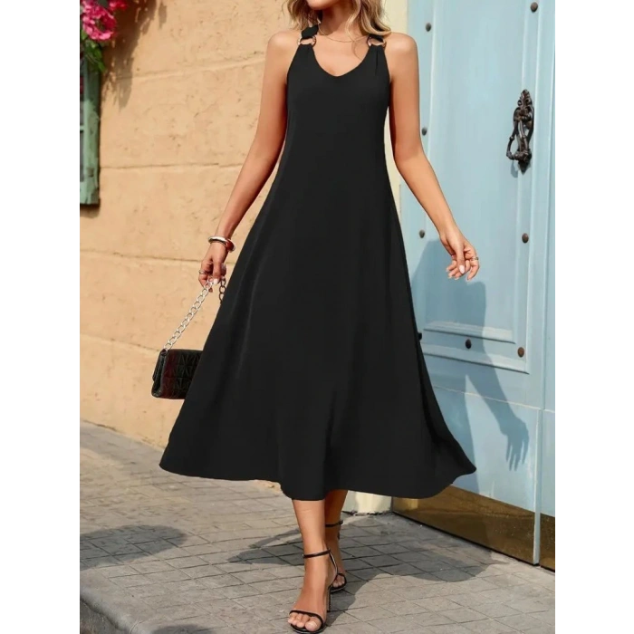 Kadın Askılı V Yakalı Halka Detaylı Maksi Boy Viskon Elbise