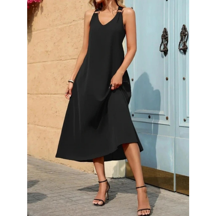 Kadın Askılı V Yakalı Halka Detaylı Maksi Boy Viskon Elbise