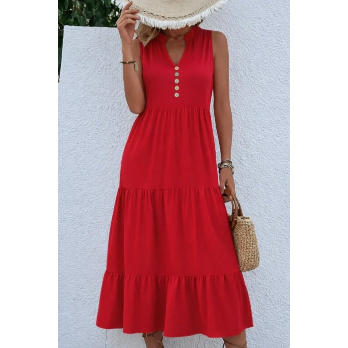 Kadın Askılı V Yakalı önden Düğmeli Midi Viskon Elbise