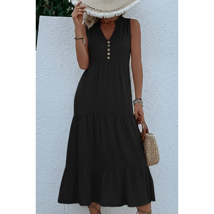 Kadın Askılı V Yakalı önden Düğmeli Midi Viskon Elbise