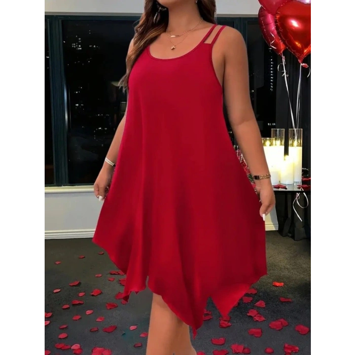 Kadın Askılı Yuvarlak Asimetrik Kesim Detaylı Viskon Elbise