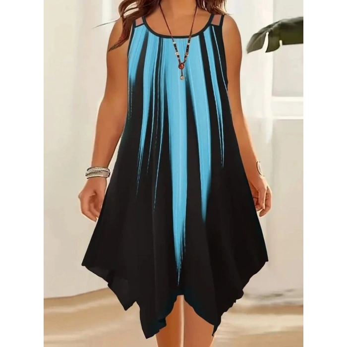 Kadın Askılı Yuvarlak Yaka Asimetrik Detaylı Desenli Süprem Elbise