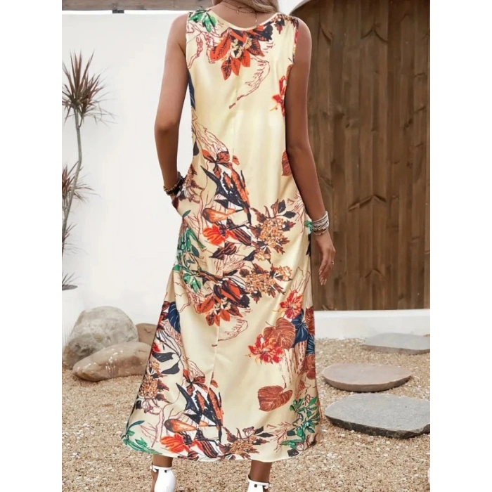 Kadın Askılı Yuvarlak Yaka Cepli Desenli Süprem Elbise