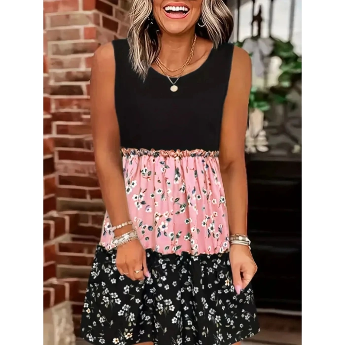 Kadın Askılı Yuvarlak Yaka çiçek Baskılı Salaş Süprem Elbise