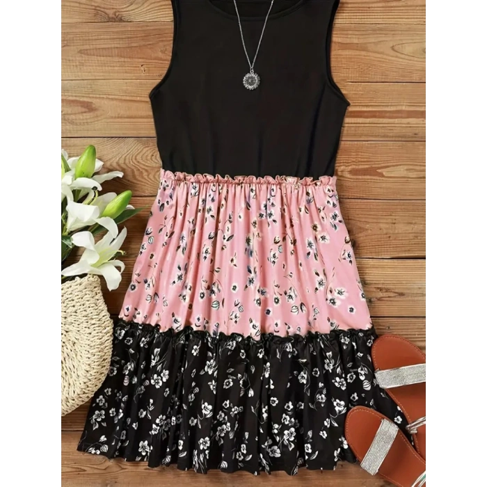 Kadın Askılı Yuvarlak Yaka çiçek Baskılı Salaş Süprem Elbise