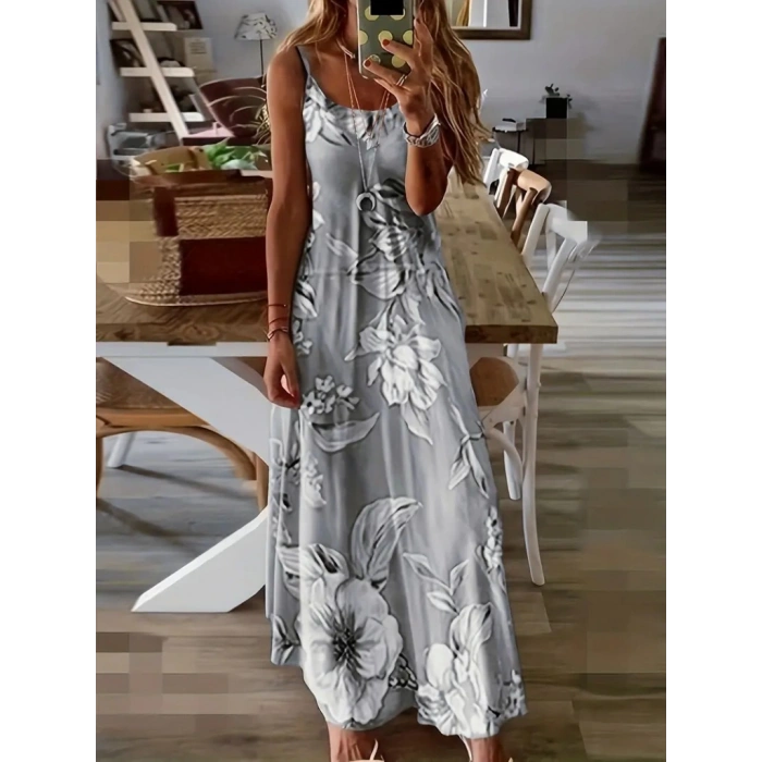 Kadın Askılı Yuvarlak Yaka Etek Geniş Kesim Desenli Süprem Elbise