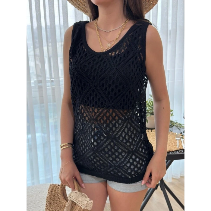 Kadın Askılı Yuvarlak Yaka Geometrik Desenli Triko Bluz