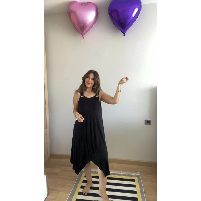 Kadın Askılı Yuvarlak Yaka Kuş Gözü Detaylı Asimetrik Viskon Elbise