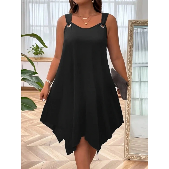 Kadın Askılı Yuvarlak Yaka Kuş Gözü Detaylı Asimetrik Viskon Elbise