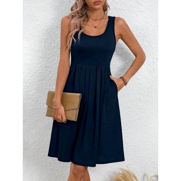 Kadın Askılı Yuvarlak Yaka önden Pileli Viskon Elbise