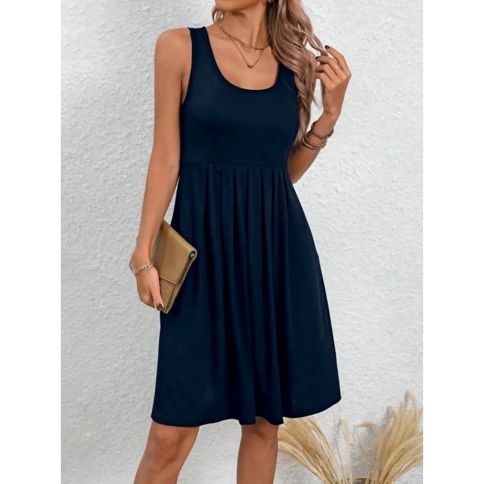 Kadın Askılı Yuvarlak Yaka önden Pileli Viskon Elbise