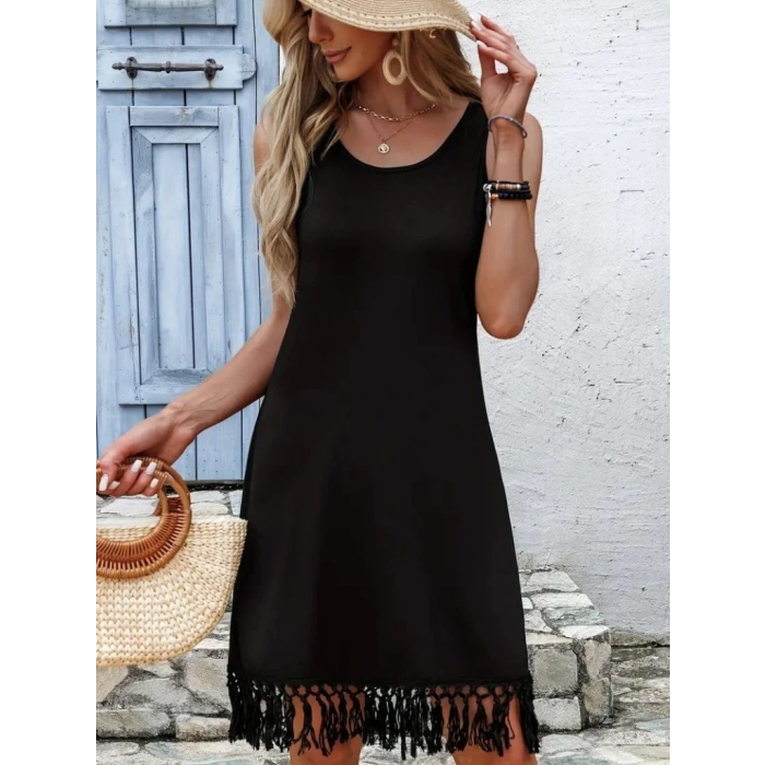 Kadın Askılı Yuvarlak Yaka Püsküllü Midi Viskon Elbise