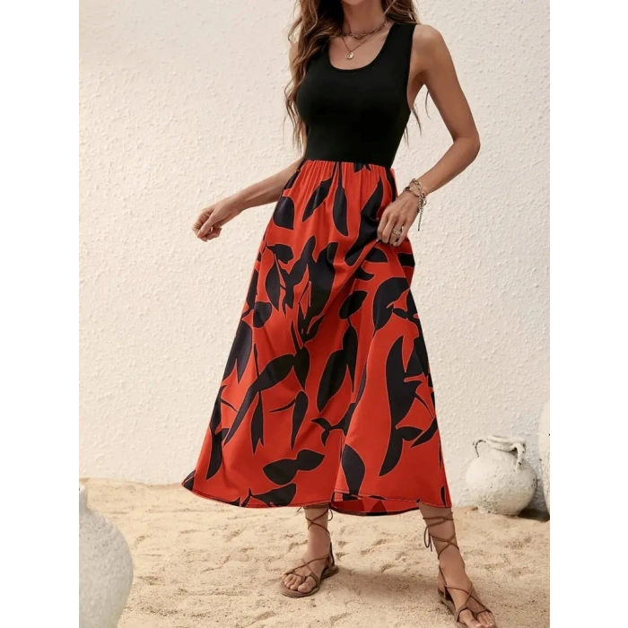 Kadın Askılı Yuvarlak Yaka üst Viskon Alt Desenli Uzun Süprem Elbise