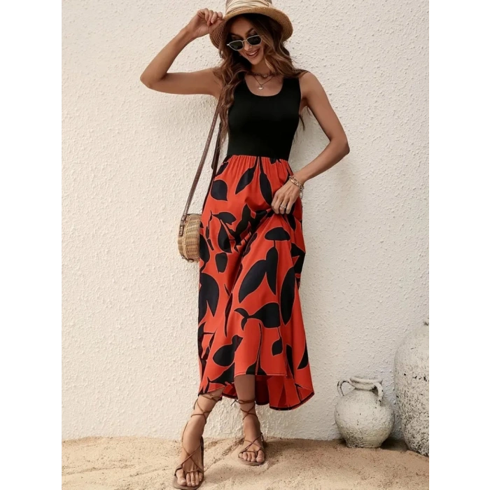 Kadın Askılı Yuvarlak Yaka üst Viskon Alt Desenli Uzun Süprem Elbise