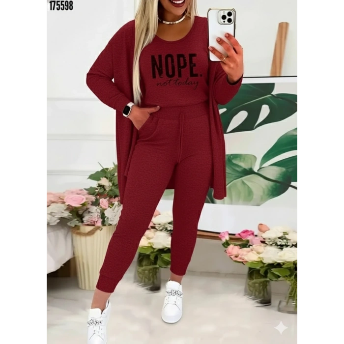 Kadın Askılı Yuvarlak Yaka Yazılı Viskon Iki Iplik Bluz Ceket Ve Pantolon 3lü Takım