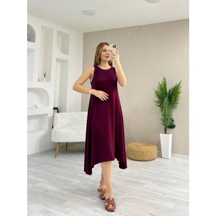 Kadın Askılı Yuvarlak Yakalı Asimetrik Kesim Detaylı Viskon Elbise